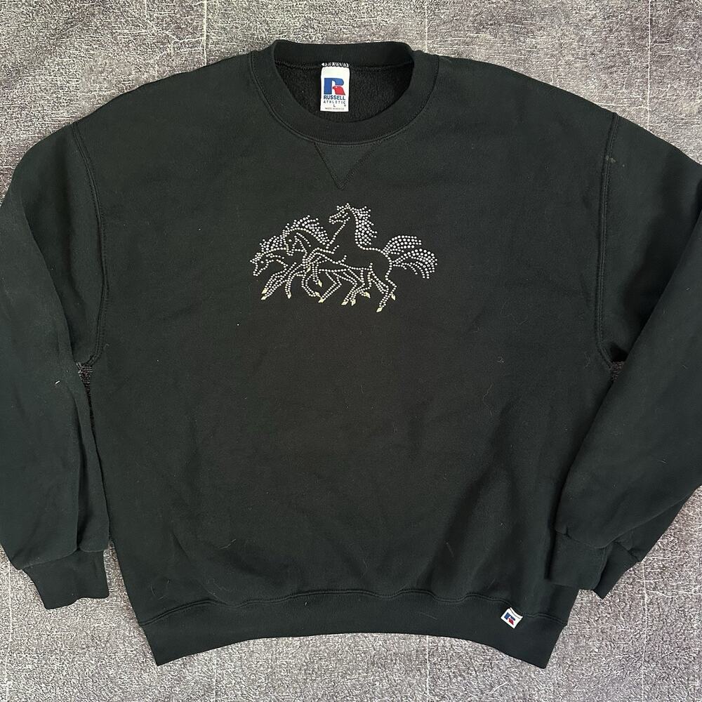 Women's Vintage 90s Russell Athletic Custom Horse Black Crewneck Sweatshirt Sz L